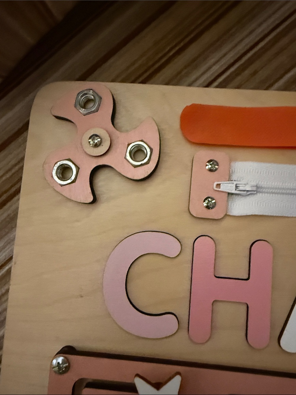 Wooden Activity Board for Girls- Personalized Pink and Natural for Charlie - Picture 8 of 13